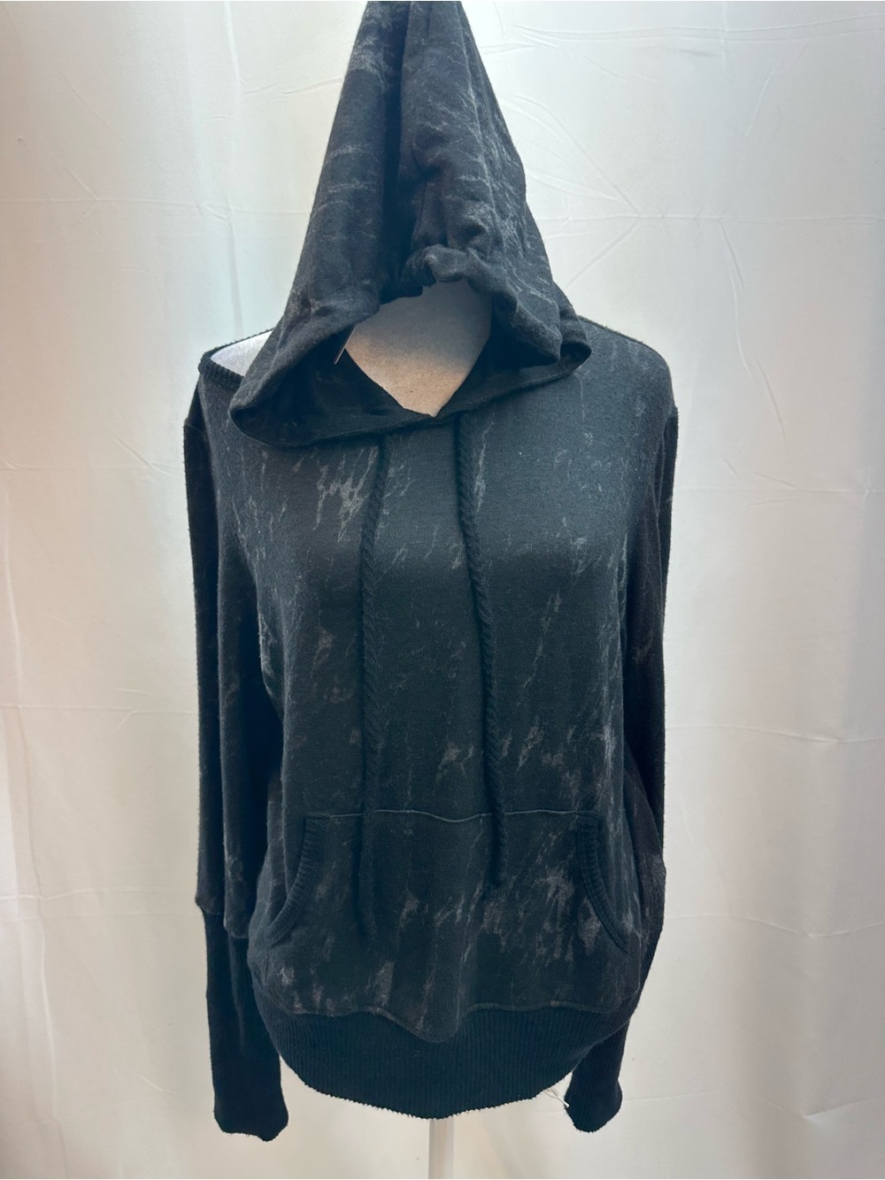 Red Haute Black Washed Pullover Hoodie with One Open Shoulder